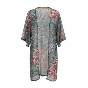 Floral Geo Sheer Cover-Up Kimono - Teal & Coral